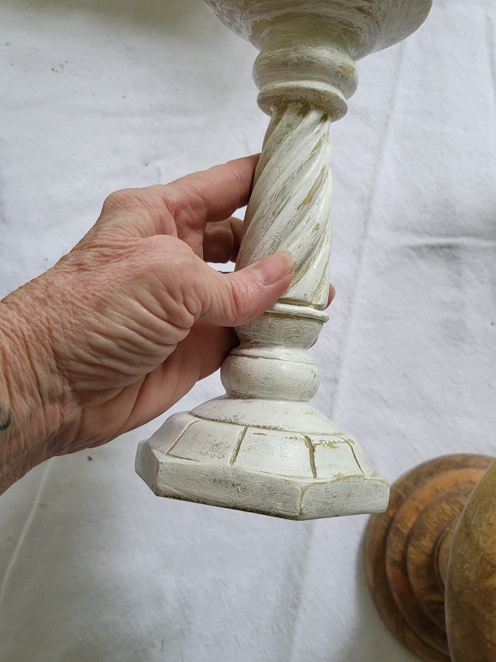 Decorative Wooden Candlestick Pillar - White and Natural - Picture 2 of 6